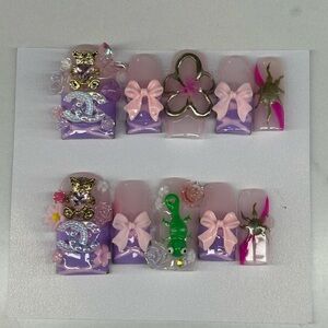 Pink and Purple repunzel with 3d chameleon Nail Set